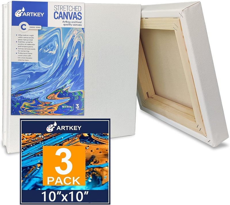 Artkey Gallery Wrapped Stretched Canvases for Painting 10x10 Inch 3-Pack, 16 oz Triple Primed Acid-Free 100% Cotton Blank Canvas, Square Spline Canvas for Oil Paint Acrylics Pouring & Wet Art Media - Image 1